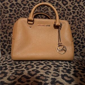 Michael Kors Caramel Saffiano Leather Satchel with Gold Charm